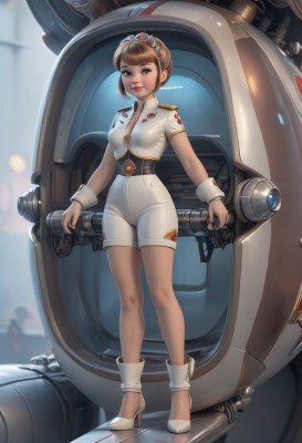 1girl,solo,breasts,looking at viewer,short hair,bangs,brown hair,brown eyes,standing,full body,short sleeves,small breasts,boots,parted lips,shoes,shorts,uniform,high heels,lips,wrist cuffs,military,bodysuit,white footwear,tiara,robot,mecha,science fiction,realistic,spacecraft,spacesuit,blush,smile