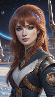 1girl,solo,long hair,breasts,looking at viewer,bangs,brown hair,brown eyes,jewelry,upper body,weapon,hairband,earrings,sky,mole,lips,makeup,night,star (sky),starry sky,freckles,realistic,nose,space,blue hairband,planet,red hair,lipstick,emblem,earth (planet)