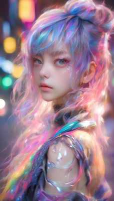 1girl,solo,long hair,looking at viewer,bangs,blue eyes,jewelry,closed mouth,blue hair,upper body,pink hair,multicolored hair,hair bun,blurry,from side,lips,grey eyes,eyelashes,makeup,blurry background,piercing,eyeshadow,realistic,nose,cyberpunk,bare shoulders,choker,artist name,gradient hair,depth of field,watermark,facial mark,expressionless,portrait,web address,science fiction,pink lips,bokeh,mascara