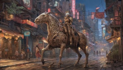 1girl,long hair,short hair,multiple girls,skirt,2girls,white hair,outdoors,multiple boys,sky,bag,armor,night,animal,plant,building,scenery,lantern,city,sign,fantasy,road,cityscape,riding,horse,street,paper lantern,crowd,banner,horseback riding,people,pavement,vanishing point,saddle,storefront,dress,sitting,walking,6+boys,flag,power lines,lamppost,statue,shop,city lights,town,neon lights