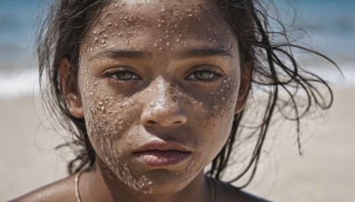 1girl,solo,looking at viewer,short hair,brown hair,black hair,brown eyes,closed mouth,outdoors,parted lips,day,water,blurry,lips,wet,grey eyes,floating hair,depth of field,blurry background,expressionless,wind,messy hair,portrait,realistic,dirty,long hair,jewelry,sky,necklace,beach,close-up,freckles,sand,dirty face