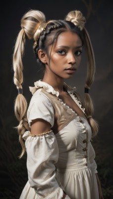 1girl,solo,long hair,breasts,looking at viewer,blonde hair,black hair,long sleeves,dress,twintails,brown eyes,upper body,braid,multicolored hair,small breasts,frills,parted lips,detached sleeves,puffy sleeves,dark skin,hair bun,white dress,dark-skinned female,lips,grey eyes,double bun,forehead,realistic,nose,hair tie,multi-tied hair,blue eyes,jewelry,short sleeves,earrings,from side,black background,freckles