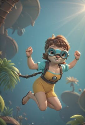 1girl,solo,breasts,looking at viewer,smile,short hair,open mouth,bangs,brown hair,shirt,dress,brown eyes,jewelry,collarbone,full body,short sleeves,small breasts,outdoors,teeth,belt,bag,blurry,bracelet,sandals,sunlight,blue shirt,plant,goggles,clenched hands,goggles on head,light rays,jumping,underwater,sun,overalls,flip-flops,diving mask,cleavage,flower,parted lips,sky,shorts,day,artist name,signature,arms up,blue sky,lips,hands up,leaf,backpack,child,backlighting,yellow shirt,green shirt,yellow shorts