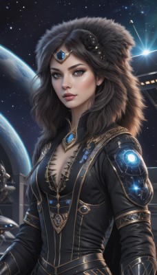 1girl,solo,long hair,breasts,looking at viewer,brown hair,black hair,hair ornament,long sleeves,cleavage,brown eyes,jewelry,medium breasts,upper body,parted lips,sky,artist name,signature,necklace,star (symbol),armor,lips,grey eyes,makeup,night,watermark,lipstick,gem,star (sky),starry sky,science fiction,circlet,realistic,nose,red lips,space,planet,earth (planet),spacecraft,constellation,galaxy,fur trim,bodysuit,tiara,web address