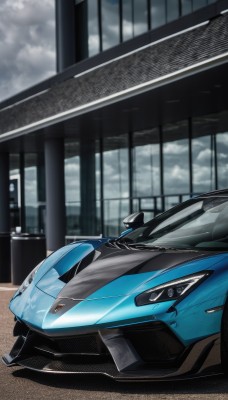 outdoors,sky,cloud,no humans,shadow,cloudy sky,ground vehicle,building,motor vehicle,car,vehicle focus,wheel,sports car,solo