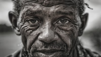 solo,looking at viewer,1boy,closed mouth,monochrome,greyscale,male focus,blurry,blurry background,facial hair,portrait,realistic,mustache,old,wrinkled skin,smile,pointy ears,beard,close-up,manly