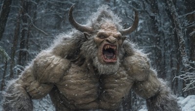 solo,open mouth,1boy,male focus,outdoors,horns,teeth,signature,tree,no humans,muscular,facial hair,fangs,sharp teeth,nature,beard,snow,forest,veins,monster,snowing,bare tree,tusks,upper body,night,scar,topless male,realistic