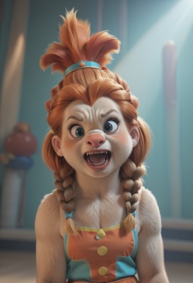 1girl,solo,long hair,breasts,looking at viewer,blush,smile,open mouth,blue eyes,brown hair,hair ornament,bare shoulders,collarbone,upper body,braid,small breasts,teeth,sleeveless,tongue,artist name,indoors,orange hair,blurry,twin braids,flat chest,depth of field,blurry background,fangs,sunlight,child,furry,freckles,realistic,hair tie,furry female,female child,body fur,animal nose,topknot,buck teeth,cleavage,red hair,lips,tank top,dirty