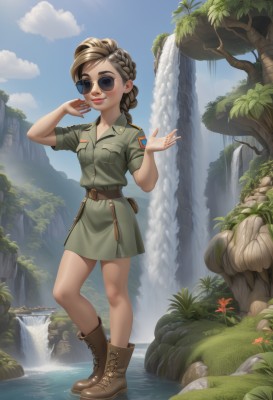 1girl,solo,long hair,breasts,looking at viewer,smile,open mouth,skirt,brown hair,shirt,standing,full body,braid,flower,short sleeves,small breasts,boots,outdoors,sky,teeth,day,belt,artist name,cloud,signature,water,uniform,tree,blue sky,lips,hands up,military,military uniform,buttons,brown footwear,sunglasses,grass,green skirt,nature,cross-laced footwear,pocket,pouch,rock,realistic,round eyewear,green shirt,ankle boots,breast pocket,belt pouch,river,waterfall,stream,aviator sunglasses,brown eyes,parted lips,single braid,watermark,web address,green dress,brown belt