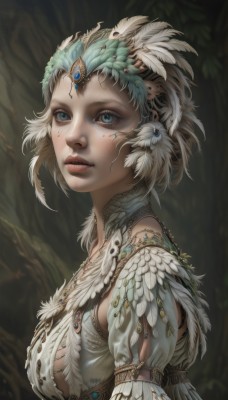 1girl,solo,breasts,looking at viewer,short hair,blue eyes,hair ornament,jewelry,medium breasts,upper body,white hair,parted lips,necklace,from side,lips,eyelashes,sideboob,feathers,gem,nature,forest,freckles,circlet,realistic,nose,headdress,feather hair ornament,forehead jewel,blonde hair,earrings,facial mark