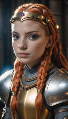 1girl,solo,long hair,looking at viewer,brown eyes,jewelry,closed mouth,upper body,braid,artist name,necklace,orange hair,armor,mole,blurry,twin braids,lips,grey eyes,mole under eye,makeup,blurry background,shoulder armor,freckles,pauldrons,circlet,breastplate,realistic,nose,chainmail,plate armor,hair ornament,red hair,gem,forehead,multiple braids