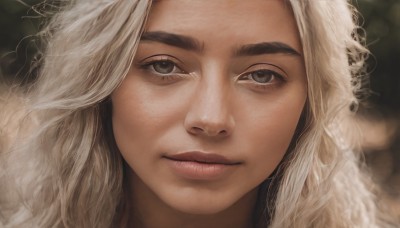 1girl,solo,long hair,looking at viewer,blonde hair,closed mouth,white hair,blurry,lips,grey eyes,eyelashes,blurry background,wavy hair,thick eyebrows,portrait,close-up,curly hair,realistic,nose,smile,brown eyes,light smile