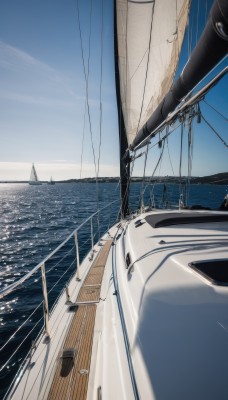 outdoors,sky,day,cloud,water,blue sky,no humans,ocean,ground vehicle,scenery,motor vehicle,horizon,car,watercraft,vehicle focus,power lines,ship,utility pole,boat,railing,real world location,pier,dock