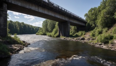 outdoors,sky,day,cloud,water,tree,blue sky,no humans,sunlight,grass,nature,scenery,forest,rock,ruins,bridge,river,landscape,moss,cloudy sky,plant,building,bush