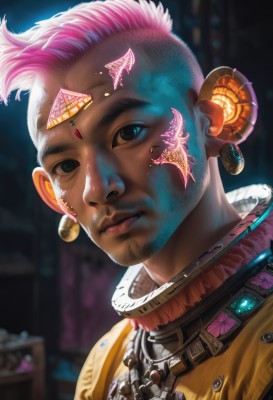 solo,looking at viewer,short hair,1boy,jewelry,closed mouth,pink hair,male focus,earrings,dark skin,blurry,black eyes,lips,blurry background,facial hair,facial mark,dark-skinned male,portrait,beard,science fiction,realistic,nose,very short hair,cyborg,spacesuit,mohawk,cyberpunk,1girl,brown eyes,necklace,gem,mustache,forehead jewel