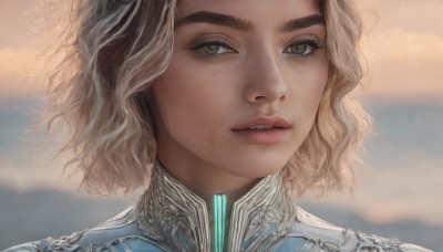 1girl,solo,looking at viewer,short hair,blonde hair,brown hair,brown eyes,green eyes,outdoors,parted lips,sky,teeth,cloud,blurry,lips,grey eyes,eyelashes,bodysuit,blurry background,wavy hair,portrait,close-up,science fiction,curly hair,realistic,nose,cloudy sky