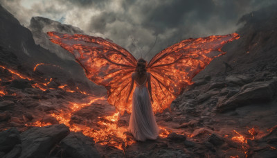 1girl, solo, long hair, dress, standing, outdoors, wings, sky, cloud, white dress, cloudy sky, bug, fire, antennae, butterfly wings, insect wings