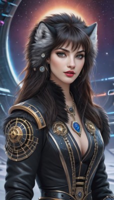 1girl,solo,long hair,breasts,looking at viewer,bangs,brown hair,black hair,long sleeves,animal ears,cleavage,jewelry,medium breasts,upper body,earrings,parted lips,belt,artist name,cat ears,signature,necklace,black eyes,lips,animal ear fluff,grey eyes,fur trim,eyelashes,makeup,lipstick,gem,star (sky),pendant,starry sky,nose,red lips,space,brown eyes,jacket,sky,black jacket,wolf ears,backlighting,fur collar,realistic