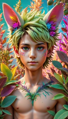 solo,looking at viewer,short hair,bangs,blonde hair,1boy,animal ears,closed mouth,nipples,green eyes,collarbone,upper body,male focus,nude,outdoors,green hair,day,artist name,rabbit ears,blurry,lips,makeup,leaf,facial mark,pectorals,plant,extra ears,toned,topless male,nose,facepaint,toned male,flower,watermark,web address,freckles,bubble,underwater,realistic,bodypaint,coral