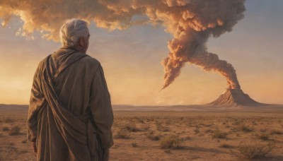 solo,short hair,long sleeves,1boy,standing,white hair,grey hair,male focus,outdoors,sky,cloud,from behind,coat,dutch angle,scenery,smoke,sunset,robe,mountain,sand,horizon,facing away,old,old man,twilight,mountainous horizon,desert,cape,cloudy sky,fire