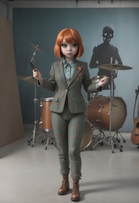 1girl,solo,looking at viewer,short hair,bangs,brown hair,shirt,long sleeves,holding,closed mouth,standing,jacket,full body,boots,solo focus,collared shirt,pants,indoors,blunt bangs,orange hair,black eyes,lips,grey eyes,plaid,makeup,buttons,shadow,brown footwear,formal,bob cut,suit,blue shirt,instrument,cross-laced footwear,lace-up boots,guitar,red lips,grey pants,badge,playing instrument,drum,drumsticks,drum set,1boy,white shirt,red hair,parted lips,striped,artist name,freckles,skull,plaid shirt,skeleton,green pants