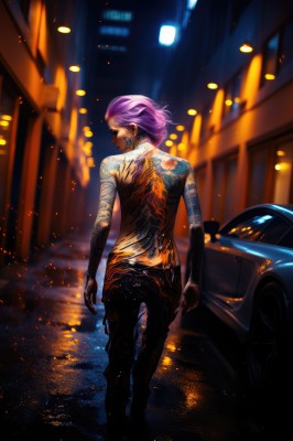 1girl,solo,short hair,jewelry,standing,pink hair,purple hair,outdoors,looking back,pants,from behind,blurry,tattoo,night,blurry background,back,black pants,topless,ground vehicle,motor vehicle,city,realistic,car,road,arm tattoo,street,cyberpunk,back tattoo,sports car,full-body tattoo,closed eyes,earrings,building,rain,lamppost