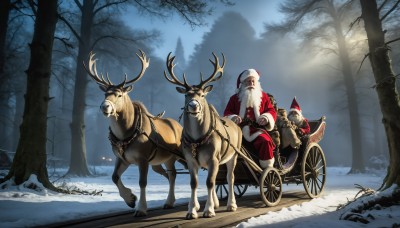 HQ,solo,gloves,1boy,hat,sitting,white hair,male focus,outdoors,tree,night,facial hair,animal,nature,christmas,scenery,red headwear,beard,snow,santa hat,forest,santa costume,snowing,riding,antlers,horse,bare tree,reindeer,reins,saddle,weapon,collar,fur trim,chain,leash,mustache,sack,old,old man