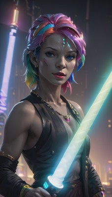 1girl,solo,breasts,looking at viewer,smile,short hair,blue eyes,holding,bare shoulders,jewelry,medium breasts,closed mouth,blue hair,collarbone,upper body,weapon,pink hair,purple hair,multicolored hair,earrings,small breasts,detached sleeves,green hair,sleeveless,sword,necklace,nail polish,holding weapon,blurry,vest,bracelet,two-tone hair,lips,streaked hair,gradient hair,makeup,night,blurry background,glowing,facial mark,holding sword,piercing,ring,lipstick,gem,pendant,science fiction,city,realistic,nose,red lips,forehead jewel,glowing weapon,energy sword,cyberpunk,glowing sword,lightsaber,jacket,parted lips,katana,sheath,unsheathing,nose piercing