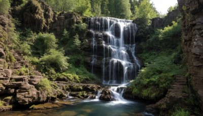 outdoors,day,water,tree,no humans,sunlight,grass,plant,nature,scenery,forest,rock,ruins,river,waterfall,moss,overgrown,stream