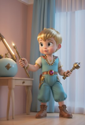 solo,smile,short hair,blonde hair,shirt,1boy,holding,jewelry,standing,full body,weapon,short sleeves,male focus,boots,belt,pants,sword,indoors,necklace,holding weapon,black eyes,bracelet,brown footwear,holding sword,table,curtains,child,male child,blue eyes,teeth,lamp,hammer,explosive,bomb