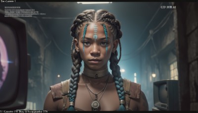 1girl,solo,long hair,looking at viewer,black hair,bare shoulders,brown eyes,jewelry,blue hair,collarbone,upper body,braid,multicolored hair,earrings,parted lips,choker,artist name,dark skin,necklace,blurry,twin braids,two-tone hair,english text,dark-skinned female,lips,grey eyes,tattoo,gradient hair,blurry background,watermark,facial mark,portrait,web address,forehead,realistic,nose,straight-on,very dark skin,dreadlocks,closed mouth,piercing,letterboxed,facepaint,shoulder tattoo,facial tattoo