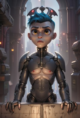 solo,looking at viewer,short hair,1boy,brown eyes,nipples,blue hair,yellow eyes,male focus,parted lips,armor,lips,looking up,robot,head wings,building,science fiction,city,android,joints,male child,mechanical arms,cyborg,robot joints,cyberpunk,mechanical parts,upper body,orange eyes,aged down,pectorals,child