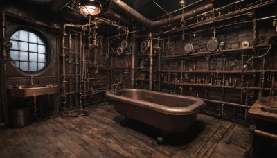 indoors,book,dutch angle,no humans,window,chair,table,scenery,wooden floor,bookshelf,lamp,gears,steampunk,day,chain,candle,watercraft,candlestand,wooden wall,chandelier