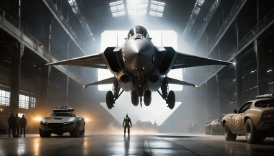 HQ,1girl,1boy,standing,multiple boys,military,window,helmet,ground vehicle,building,motor vehicle,reflection,science fiction,realistic,aircraft,military vehicle,car,airplane,pilot suit,multiple others,vehicle focus,jet,fighter jet,helicopter,pilot,scenery,flying