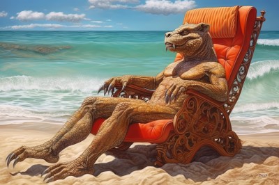 solo,sitting,full body,outdoors,sky,day,cloud,signature,water,blue sky,no humans,ocean,chair,beach,claws,monster,realistic,sand,scales,waves,armchair,dinosaur,kaijuu,tongue,artist name,pokemon (creature),fangs,watermark,parody,cloudy sky,throne,fine art parody