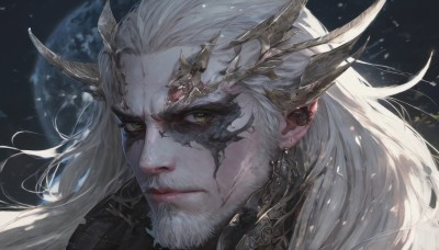 solo,long hair,looking at viewer,1boy,jewelry,closed mouth,green eyes,yellow eyes,white hair,male focus,earrings,horns,signature,lips,facial hair,scar,portrait,beard,dragon horns,serious,mustache,scales,space,planet,old man,wrinkled skin,moon,close-up,realistic,au ra