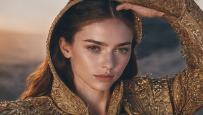 1girl,solo,long hair,looking at viewer,brown hair,jewelry,closed mouth,green eyes,earrings,hand up,armor,blurry,arm up,lips,eyelashes,blurry background,portrait,bridal gauntlets,freckles,realistic,nose,stud earrings,black hair,outdoors,thick eyebrows