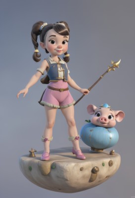 1girl,solo,looking at viewer,smile,simple background,brown hair,holding,twintails,brown eyes,standing,full body,weapon,shoes,shorts,sleeveless,belt,grey background,lips,staff,pink footwear,pink shorts,blush,hair ornament,navel,braid,socks,signature,vest,twin braids,child,pig,faux figurine