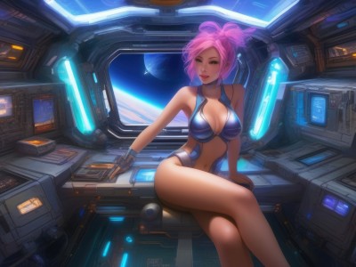 1girl,solo,breasts,looking at viewer,smile,short hair,bangs,large breasts,gloves,navel,cleavage,bare shoulders,brown eyes,sitting,closed mouth,collarbone,swimsuit,pink hair,thighs,choker,lips,legs,clothing cutout,bare legs,makeup,arm support,crossed legs,science fiction,realistic,space,navel cutout,monitor,planet,cockpit,screen,holographic interface,hologram,green eyes,ponytail,leotard,looking to the side,revealing clothes,blue leotard,earth (planet)