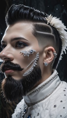 solo,short hair,black hair,hair ornament,1boy,jewelry,closed mouth,male focus,earrings,necklace,blurry,black eyes,lips,grey eyes,blurry background,facial hair,piercing,feathers,gem,ear piercing,portrait,beard,realistic,nose,mustache,feather hair ornament,blue eyes,dark skin,looking to the side,eyelashes,profile,looking away,dark-skinned male