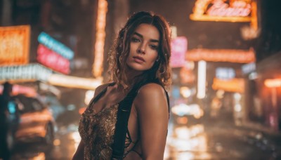 1girl,solo,long hair,breasts,looking at viewer,brown hair,black hair,cleavage,bare shoulders,brown eyes,medium breasts,upper body,parted lips,dark skin,medium hair,blurry,dark-skinned female,lips,wet,sideboob,depth of field,blurry background,wavy hair,motor vehicle,realistic,nose,very dark skin,dreadlocks,dress,jewelry,underwear,earrings,outdoors,necklace,black dress,night,thick eyebrows,lingerie,curly hair