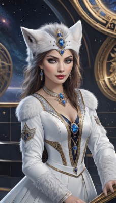 1girl,solo,long hair,breasts,looking at viewer,brown hair,long sleeves,hat,dress,holding,animal ears,cleavage,brown eyes,jewelry,medium breasts,earrings,parted lips,sky,choker,artist name,necklace,white dress,lips,coat,fur trim,makeup,lipstick,gem,star (sky),eyeshadow,starry sky,gold trim,white coat,red lips,animal hat,fur hat,nail polish,instrument,realistic