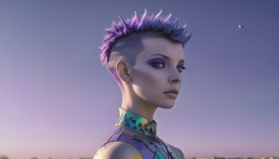 1girl,solo,looking at viewer,short hair,bare shoulders,jewelry,green eyes,upper body,pink hair,purple hair,earrings,outdoors,parted lips,sky,sleeveless,lips,makeup,piercing,lipstick,portrait,eyeshadow,sunset,nose,stud earrings,eyeliner,very short hair,undercut,purple eyeshadow,1boy,yellow eyes,male focus,from side,eyelashes,spiked hair,realistic,argyle