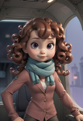 1girl,solo,long hair,looking at viewer,smile,brown hair,long sleeves,purple eyes,jacket,pants,scarf,lips,ground vehicle,motor vehicle,freckles,curly hair,brown jacket,blue scarf,breasts,blush,brown eyes,artist name,blurry,eyelashes,watermark,web address