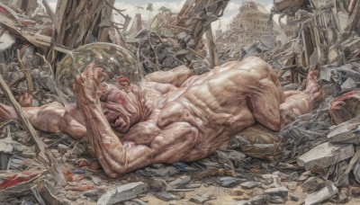 solo,1boy,nipples,ass,male focus,nude,outdoors,lying,sky,barefoot,completely nude,muscular,abs,on stomach,muscular male,building,veins,city,realistic,manly,ruins,destruction,short hair,on back,facial hair,pectorals,scenery,debris