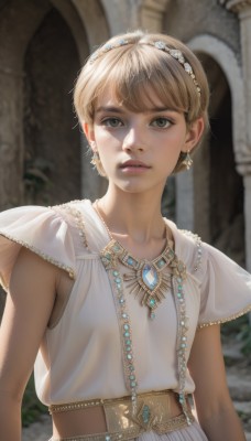 1girl,solo,looking at viewer,short hair,bangs,blonde hair,dress,brown eyes,jewelry,collarbone,upper body,hairband,earrings,parted lips,sleeveless,necklace,white dress,blurry,lips,grey eyes,depth of field,blurry background,tiara,gem,realistic,nose,pillar,brown hair