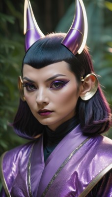 1girl,solo,looking at viewer,short hair,black hair,closed mouth,purple eyes,upper body,japanese clothes,horns,artist name,medium hair,kimono,blurry,black eyes,lips,eyelashes,makeup,blurry background,lipstick,portrait,eyeshadow,realistic,nose,red lips,eyeliner,purple kimono,purple lips,mascara,purple eyeshadow,sunlight,fake horns,dappled sunlight