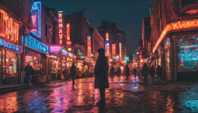 outdoors, multiple boys, sky, coat, night, building, night sky, scenery, reflection, city, sign, road, cityscape, dark, street, city lights, neon lights, people