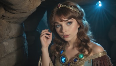 1girl,solo,long hair,looking at viewer,bangs,blue eyes,brown hair,dress,bare shoulders,jewelry,upper body,earrings,parted lips,solo focus,hand up,off shoulder,nail polish,lips,glowing,tiara,crown,gem,red nails,realistic,fantasy,light,cave,collarbone,teeth,fingernails,eyelashes,makeup