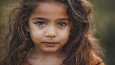 1girl,solo,long hair,looking at viewer,blue eyes,brown hair,closed mouth,blurry,lips,grey eyes,eyelashes,depth of field,blurry background,wavy hair,expressionless,messy hair,portrait,close-up,forehead,freckles,curly hair,realistic,nose